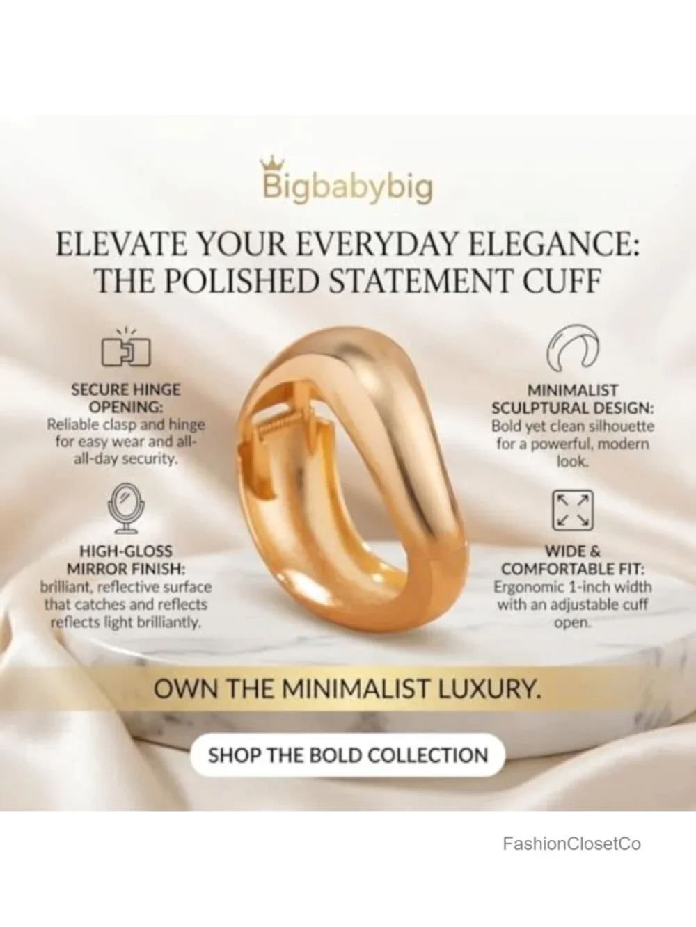 Wide Chunky Statement Cuff Bangle Bracelet - 18K Gold Plated Hypoallergenic